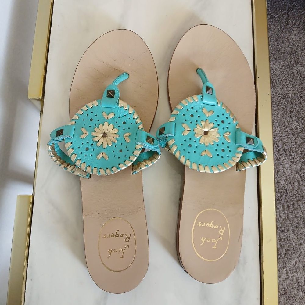 Jack Rogers Turquoise Leather Floral Studded Sandals Size 8M.